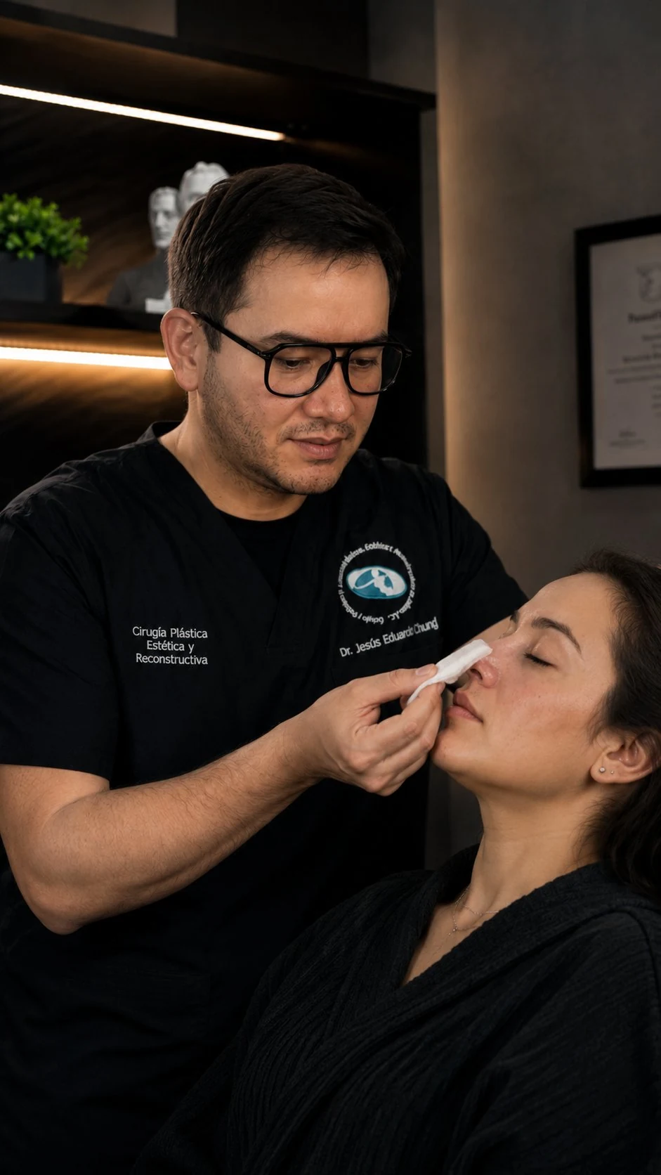 Dr. Chung revisando la nariz de una paciente en consulta post-operatoria de rinoplastia