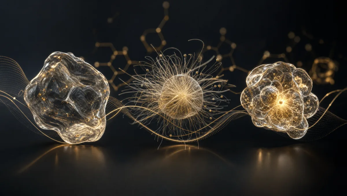 Ilustración de los tres mecanismos: gel de ácido hialurónico, filamentos de colágeno estimulado por Sculptra y estructura celular regenerada con PDRN