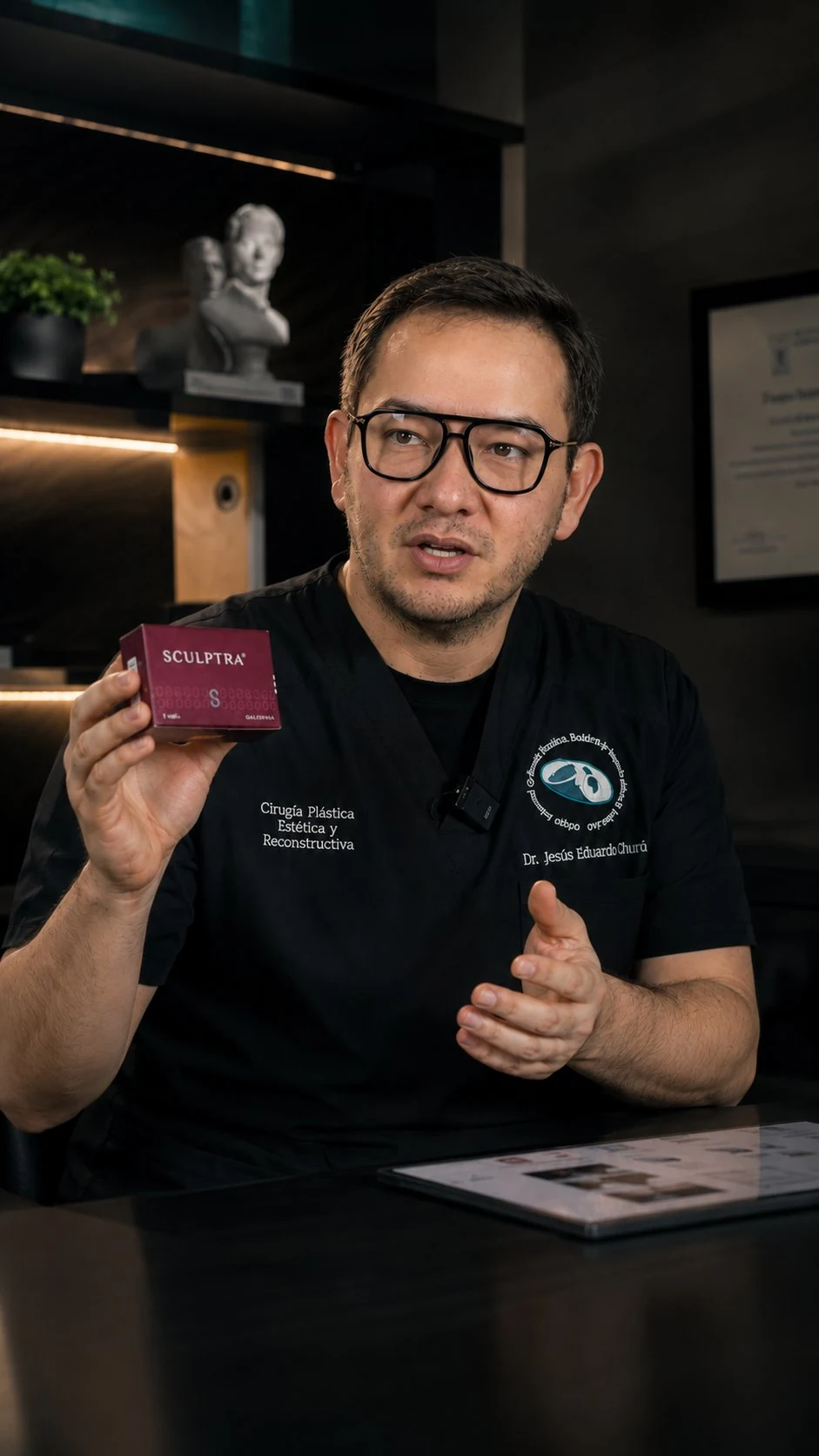 Dr. Chung mostrando el producto Sculptra, bioestimulador para rejuvenecimiento facial